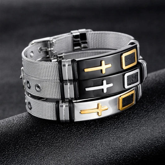 Kit 3pcs - Mesh Strap Cross Stainless Steel Adjustable Bracelet